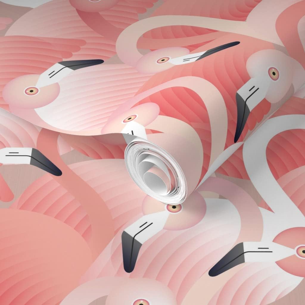 Spoonflower Removable Wallpaper 3ft x 2ft - Flamingos Pink Birds Animals Taupe Tropical Custom Pre-Pasted Wallpaper