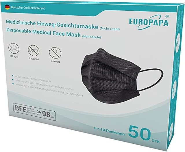 EUROPAPA 50 sztuk medycznych typu IIR norma EN 14683 certyfikowane CE maski ochronne OP 3-warstwowe maski ochronne na usta i nos