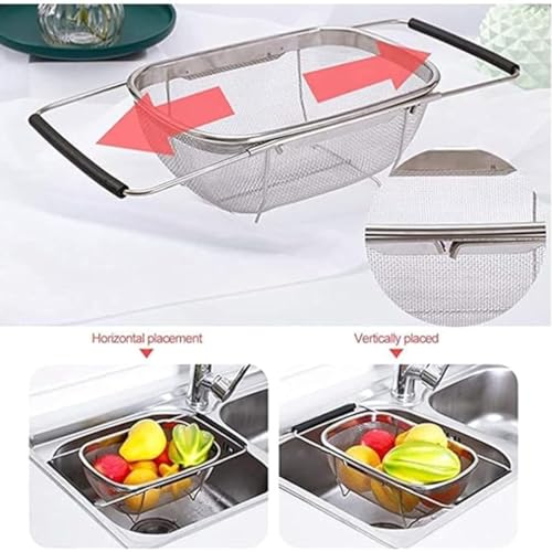 Image of Stainless Steel Oval Fine Mesh Colander Strainer with Rubber Rubber Grip Handle| Multi-Functional Large Over The Sink Basket Expandable Drainer for Rinse Vegetables Fruits (Pack of 1)