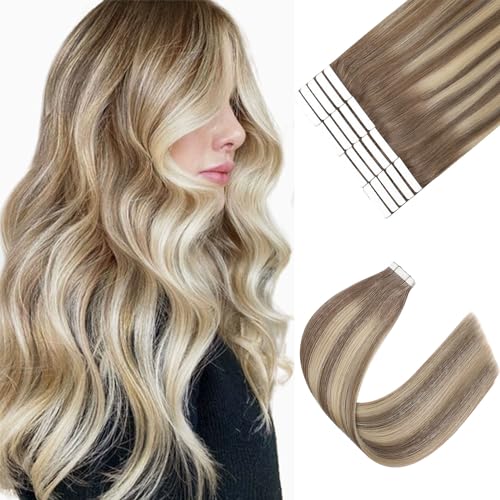 Image of Sixstarhair Tape in Hair Extensions Human Hair Balayage Ash Brown to Blonde Mixed with Light Blonde Real Hair Extensions Silky Straight Tape Hair Extensions Human Hair 50g 20pcs [TP8 /22 /8 22inch]