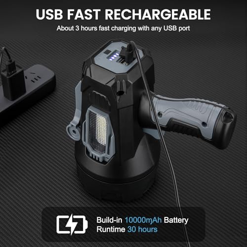 Rechargeable Spotlight Flashlight 99000 Lumens, Spot Lights Outdoor with Cob Light & Foldable Stand, 10000ɱAh Spot Light Long Runtime, Handheld Spotlights for Boating Hunting