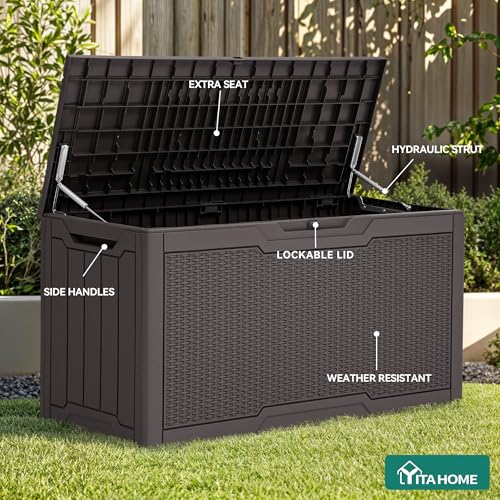 YITAHOME 80 Gallon Outdoor Storage Box, Large Water Resistant Resin Deck Box, Indoor Outdoor Lockable Rattan Storage Container for Patio, Garden, Cushions, Tools, Equipment (Dark Brown) by YITAHOME - Image 2