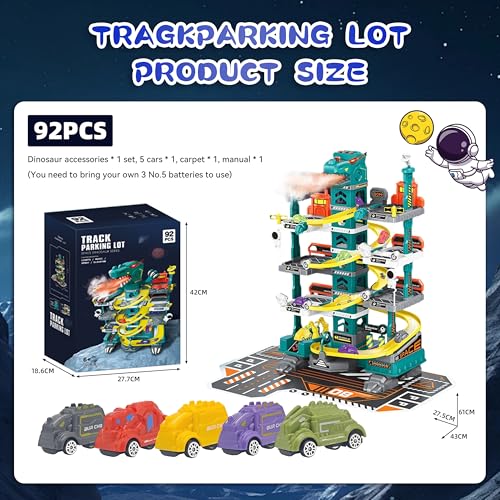 Sternstunde 7 Stockwerke Parkgarage für Kinder, Weltraum Dinosaurier Parkplatz Set, mit Parkhaus, Rampen, Aufzug, Inklusive 5 Autos, für 3-8 Jahre Jungen Geschenke Spielzeug