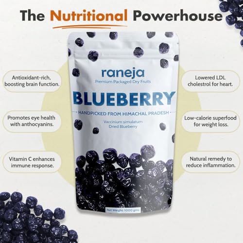 Image of RANEJA 100% Natural Premium Blueberries 200Gm Without added Sugar | Dried Seedless Blueberries | Dry Fruits | Healthy & Tasty Whole & Dried Blueberry | Rich In Calcium And Vitamin K | Non-GMO(200gm)