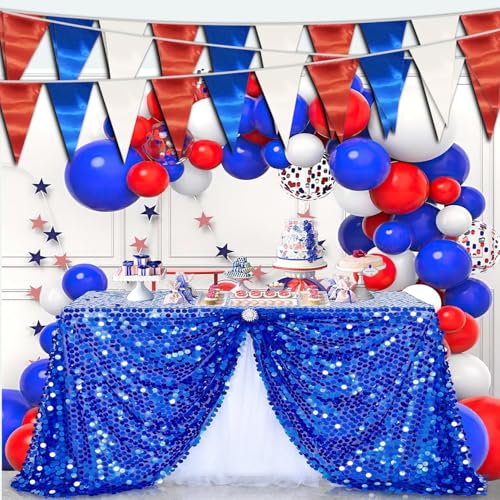 Image of 40M /130FT White Blue Red Triangle Pennant Banner Flag Metallic Fabric Bunting Garland for Christmas Graduation, Independence Day, 4th of july, Patriotic Themed Party Decoration