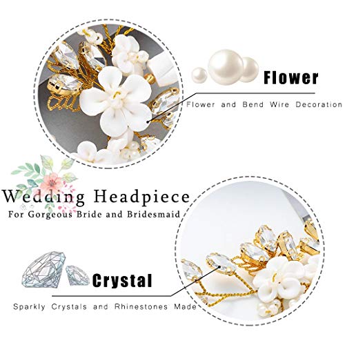 Unicra Bride Flower Wedding Hair Vine Pearls Bridal Hair Piece Crystal Hair Accessories for Women and Girls (Gold) - Thumbnail 5