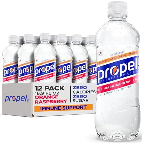 Propel Immune Support Electrolyte Enhanced Water Sports Drink, Orange Raspberry Flavored Water, 100% DV Vitamin C + Zinc, Zero Calorie & Zero Sugar Hydration with Electrolytes and Vitamins, 24 fl oz Water Bottles (12 Pack)
