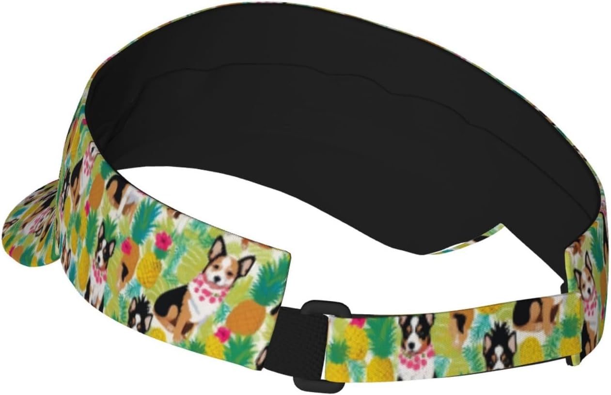 Tropical Flower and Corgi Print Sun Visor Hats for Women Men Adjustable Sports Golf Running Sun Caps Black
