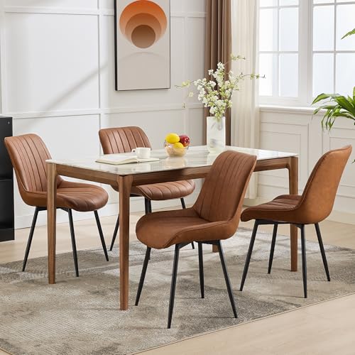 Lot de 2 Chaise Salle à Manger en vrai cuir,Chaise de cuisine Scandinave avec Siège rembourrée & Pieds en métal,Chaise à manger sans accoudoirs pour Salle à...