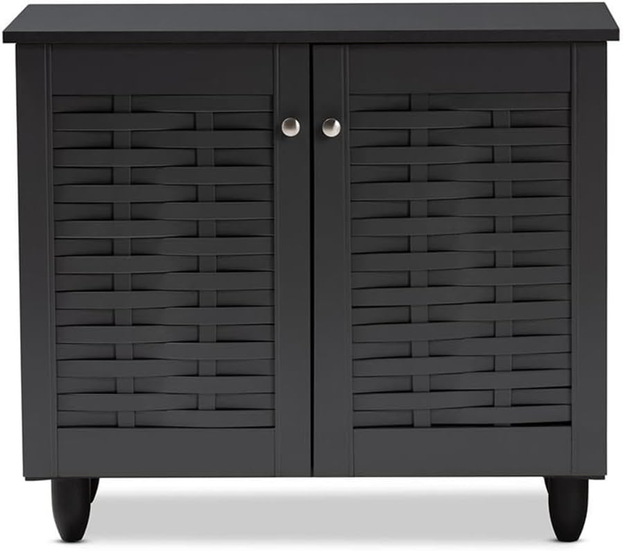 BOWERY HILL 2-Door Wooden Shoe Cabinet, Dark Gray Finish, Ventilated Doors, 2 Shelves for Up to 9 Pairs of Shoes, Contemporary Style Entryway Storage Organizer