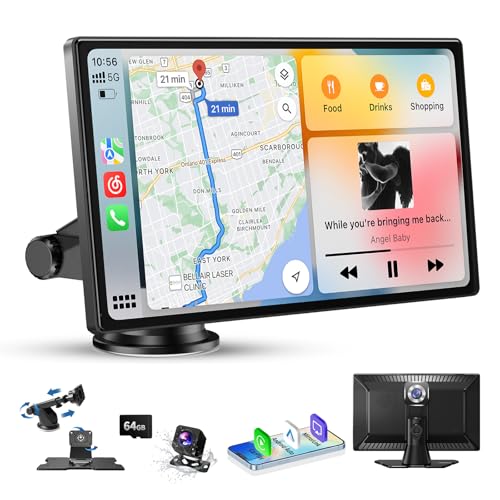 Carplay Screen for Car, 9\" Portable Wireless Carplay Screen with 4K Dash Cam, 1080P Backup Camera, Car Stereo for Carplay & Android Auto GPS Navigation/Bluetooth/Mirror Link/Voice Control/AUX/FM/Siri