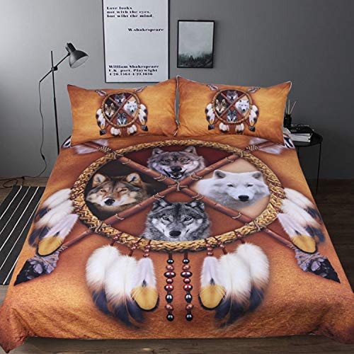 MQBHJI Housse De Couette 220X240 cm 3D Loup Indien - Parure De Lit Adulte en Microfibre 2 Personnes avec Fermeture Éclair, Housse Couette Imprimé avec 2 Taies d'oreiller 50x75 cm Cover