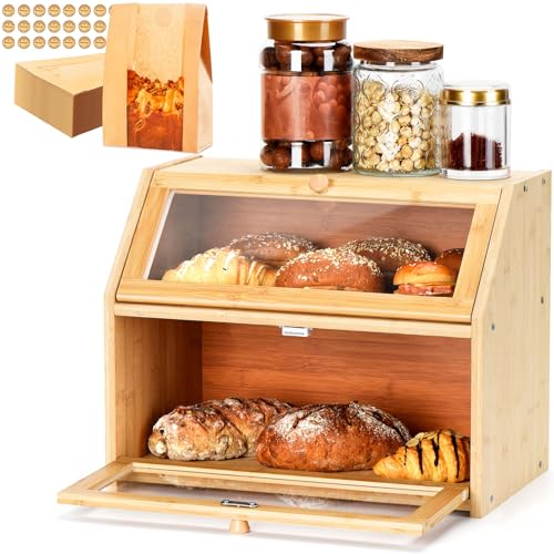 Bread Box for Kitchen Countertop, Large Double Layer Bamboo Bread Storage Box with Clear Door, Includes 20 Bread Bags & Labels, Farmhouse Kitchen Storage Organizer (Natural Bamboo)