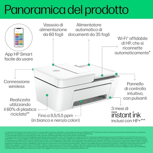 HP DeskJet 4220e 588K43, Stampante Multifunzione a Getto d'Inchiostro A4 a Colori, Fronte e Retro Manuale, 8,5 ppm, Wi-Fi, ADF, Fax da mobile, 3 Mesi di Inchiostro Instant Ink Inclusi, Bianca - Immagine 2