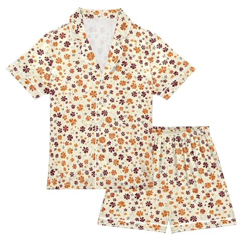 Tile Maple Leaf Small Summer Satin Pajama Set, Cute Button-Down Sleepwear Pj Set for Sleep Wears