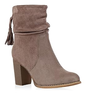 stiefelparadies Klassische Damen Stiefeletten High Heels Stilettos Schleifen Schuhe 121969 Khaki Fransen 40 Flandell