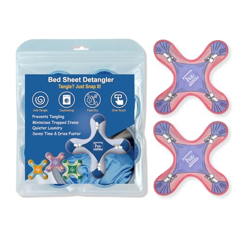 HX AURIZE Bed Sheet Detangler for Washer and Dryer - Whisper Quiet and Drum Safe - Fabric Covered Cross Shape Sheet Separator - Auto Retract Safety Clips Prevent Tangling - 2 Pack (Purple)