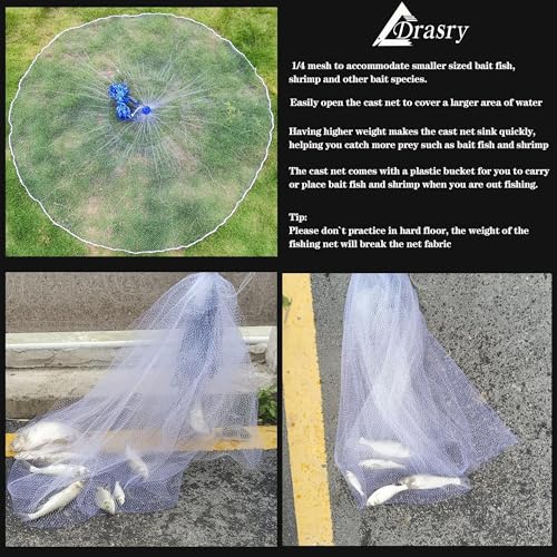 Drasry 1/4 Saltwater Fishing Cast Net for Bait Shirmp Trap Fish Throw Net with Heavy Lead Sinkers. Size 3FT to 10FT Radius Freshwater（1/4 Inch Mesh） Monofilament Cast Net, 6FT(180cm) Radius - Thumbnail 5