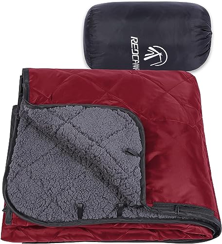 REDCAMP Große Camping Decke mit Sherpa Futter, Kaltwetter Warme Outdoor Decke Winddicht für Camping Stadion, Maschinenwaschbar 59'x 79' Rot