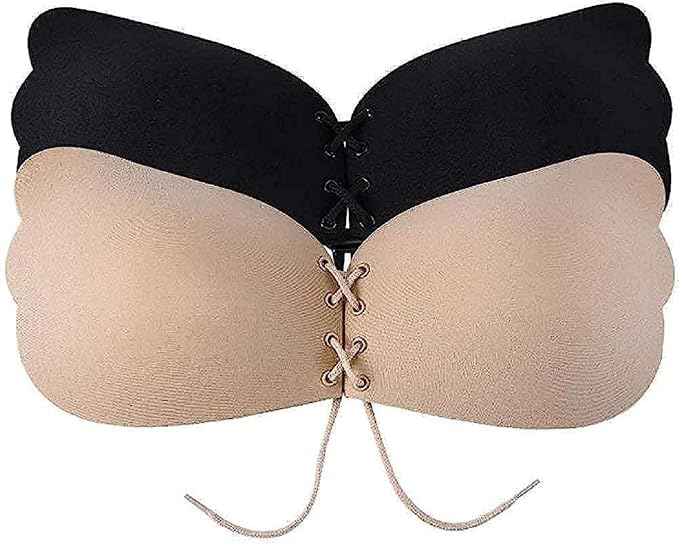 Strapless Sticky Bra Combo for Women | Pack of 2 Invisible Adhesive Push-Up Backless Bra with Drawstring Lift | Reusable Free Size Butterfly Wing Design (Black & Skin)-picture-10