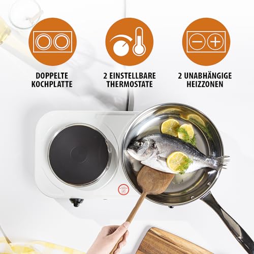 Tristar KP-6245 Doppel-Kochplatte, 15,5 und 18,5 cm ø, einzeln regelbare 5 Heizstufen, 2500 Watt Leistung, Weiß – Bild 3