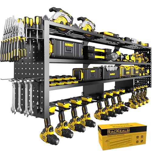 Image of RacKeaLsi 49" W Large Power Tool Organizer Wall Mount, 4 Layer Heavy Duty Metal Tool Storage Rack with 12 Drills Holder, Utility Racks for Garage Workshop, Ideal Garage Organization