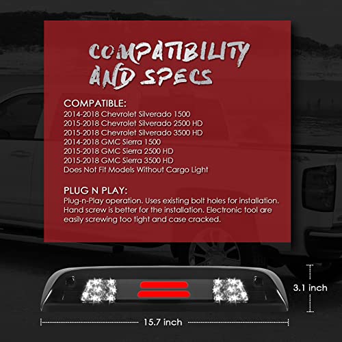 High Mount Stop Third Brake Light, Compatible with 2014-2018 Chevy Silverado/GMC Sierra 1500 2500HD 3500HD Third Center Cargo Rear LED 3rd Brake Light Bar Taillight (Smoke) - Image 4