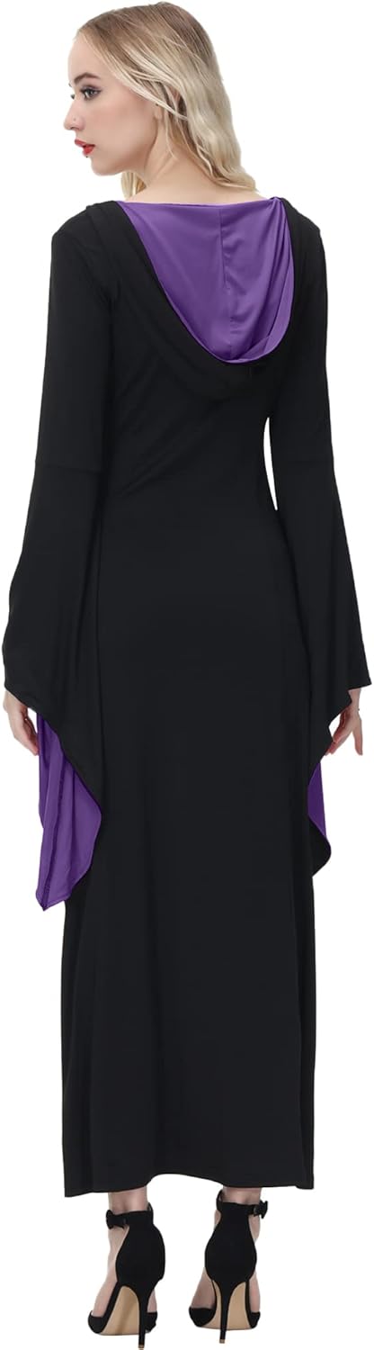 NANAMEEI Women Lace Up Front Hooded Robe Costume Color block Maxi Dress - Image 5