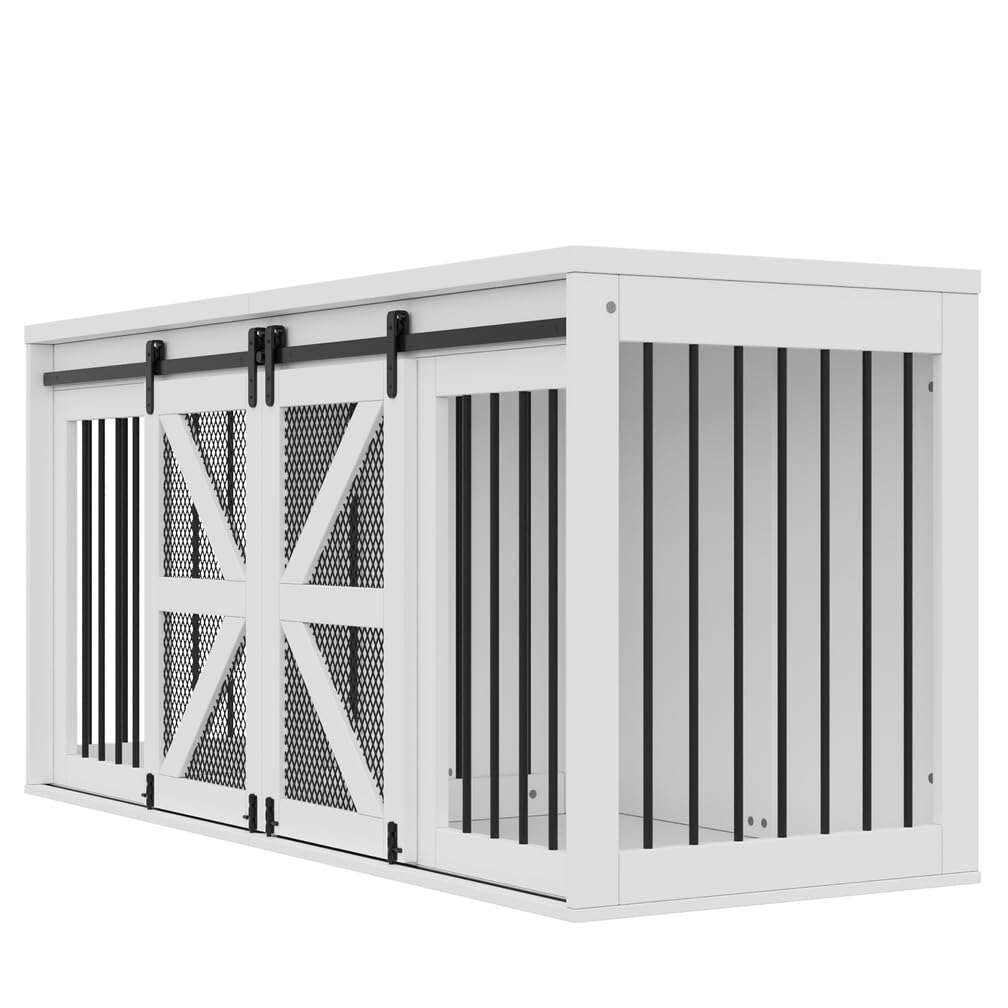 Hundeschrank mit Scheunentor-Tür, 160 x 60 x 75 cm Hundebox Möbel | Indoor-Hundehaus aus Metall und Faserplatte für Zwei Hunde, mit fester mittlerer Trennwand, mit Schiebetüren, Weiß