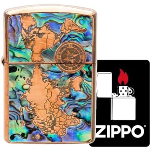 ジッポー(Zippo) オイルライター 特製ステッカー付き フリント 真鍮製 アーマーベース 両面エッチング シェル貼り SHELL-WORLD MAP CO