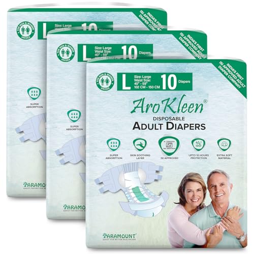Image of AroKleen (ISI CERTIFIED) Adult Diapers Tape Style | Large (L) Size, 30 Count, Waist Size (102-150cm | 40 inch-59 inch inches), Unisex, High Absorbency, Leak Proof, Overnight Protection, Odour lock, Anti-Bacterial Absorbent Core-Pack of 3