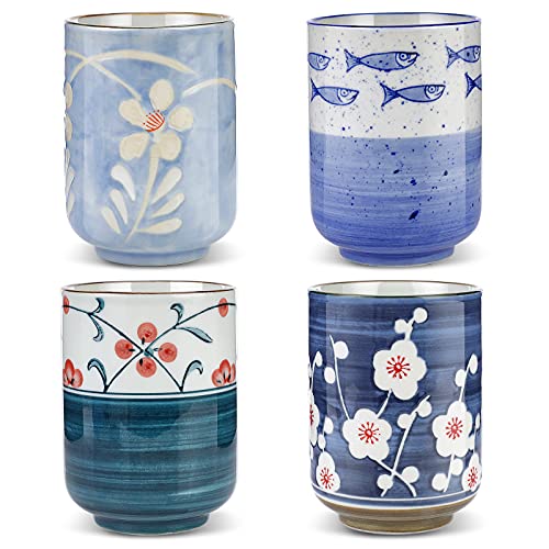 Junrutc Tea Cups,Pottery Chinese Tea Cup Set of 4,Japanese Yunomi Tea Cups,Asian Porcelian Tea Cups,10 oz,Handleless Ceramic Cup for Matcha Tea,Green Tea,Latte,Cappuccino.