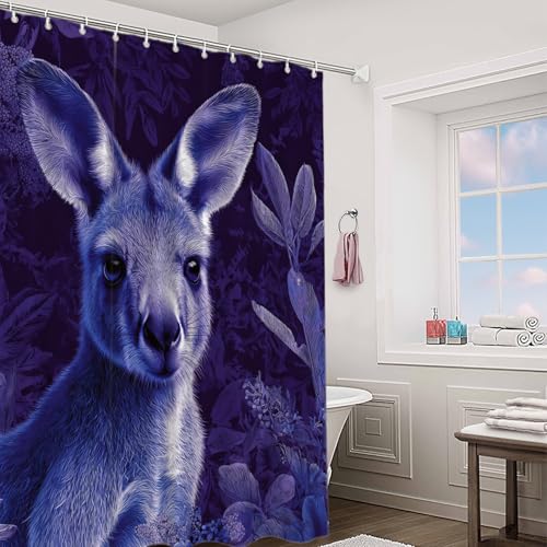 BaoNews Süßes Känguru-Dekor-Duschvorhang-Set, Känguru in lila Pflanzen, Polyester, Duschvorhang für Duschkabine, Badezimmer, wasserdicht, mit 12 Haken, 183 x 183 cm