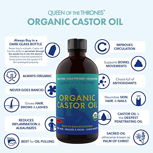 Queen Of The Thrones Organic Castor Oil - 500Ml (16.9Oz) | 100% Pure, Usda Certified, Cold Pressed & Hexane Free & Extra Virgin - Improve Digestion, Reduce Ibs & Bloating, Stimulate Hair Growth, Invigorate Skin #TOP1