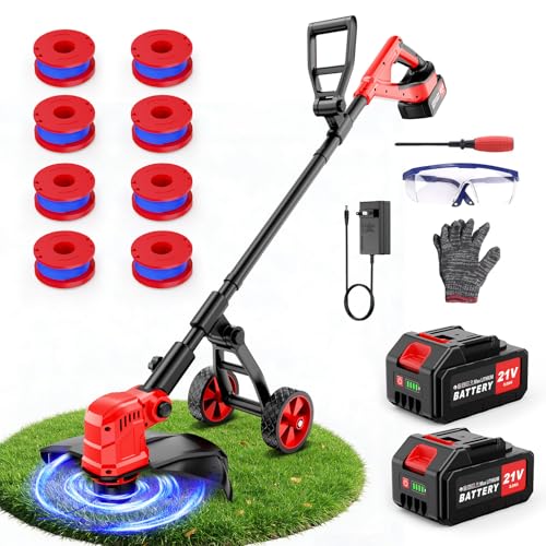 Image of 21V Electric Weed Wacker with 2 X 3.0Ah Battery and Charger, String Trimmer Weed Eater with 14 inch Cutting Width, Lawn Edger for Lawn, Garden, Yard(8Pcs Spool Line)