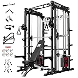 RitFit M1 Pro Smith Machine Package, All-in-One Power Cage with Weight Stack Set, Includes LAT Pulldown & Cable Crossover System for Home Gyme (Black, Package (with Weight Stack + Bench))