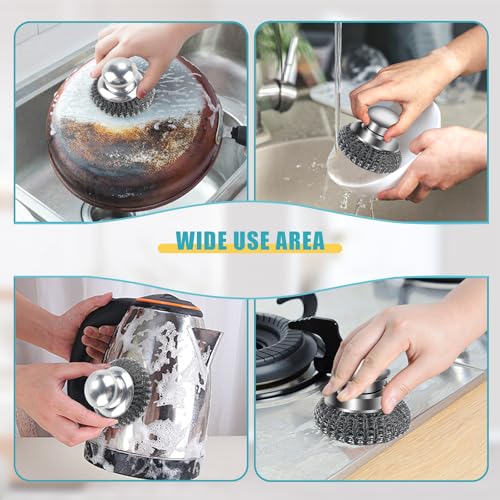 Image of 4Pcs Steel Wool Scrubber with Replacement Wire Pads Set, Stainless Steel Pot Scrubber with Handle for Cleaning Dishes,Cast Iron, Pots,Pans,Griddles,Grills, Stoves, Sink (2 Scrubber+2 Pads)