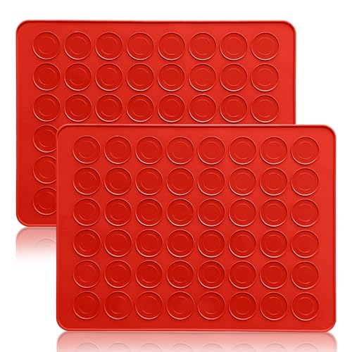 2 Pièces Tapis Silicone Macarons, 48 Trous Antiadhésif pour Macarons Tapis, Tapis de Cuisson Silicone pour Four, pour Macaron, Biscuits, Pâtisseries (Rouges...