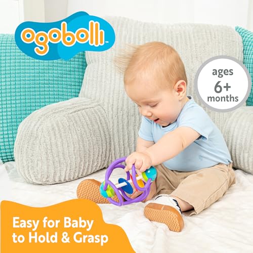 Image of OgoBolli Teether Ring Tactile Sensory Ball and Baby Rattle Toy for Babies & Toddlers - Stretchy, Squishy, Soft, Non-Toxic Silicone - Boys and Girls Age 6+ Months - Purple