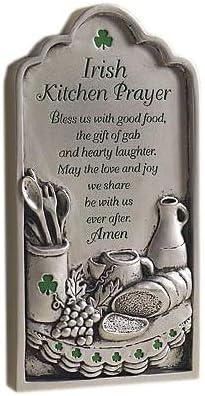 Irish Kitchen Blessing Raised Silver Finish Plaque with Green Shamrock Accents and Celtic Prayer- 3 3/4" x 7" (Wall Mount or Easel Back)