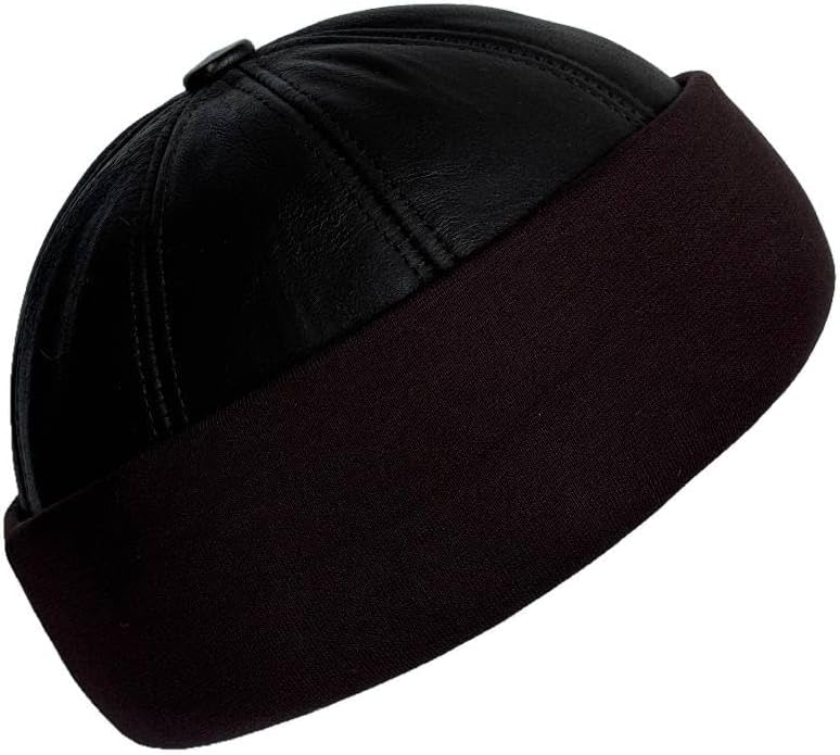 Lukkizara Unisex Genuine Leather Docker Hat Rolled Cuff Brimless Worker Skullcap Street Hip Hop Beanie Cap Retro