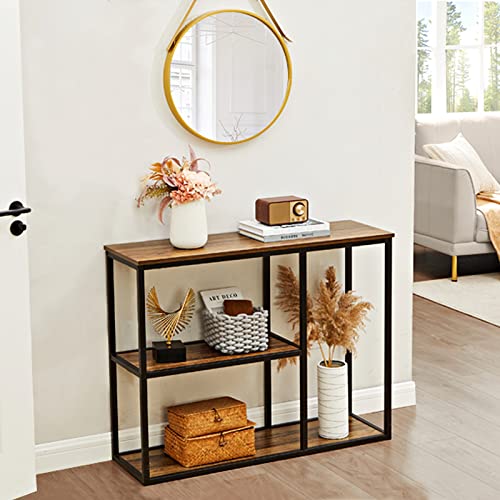 Image of WOHOMO Console Table, Modern Sofa Table with 3-Tier Storage Shelves, 12'' Narrow Industrial Entryway Table for Living Room, Corridor, Hallway, 31.5 inch x12''x31.5'' Rustic Walnut