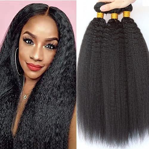 ADOIFAIR Straight Bundles Human Hair 12 14 16 Inch Yaki Straight Human Hair 3 Bundles 100% Unprocessed Brazilian Virgin Remy Hair Yaki Straight Bundles For Black Women Natural Black Color