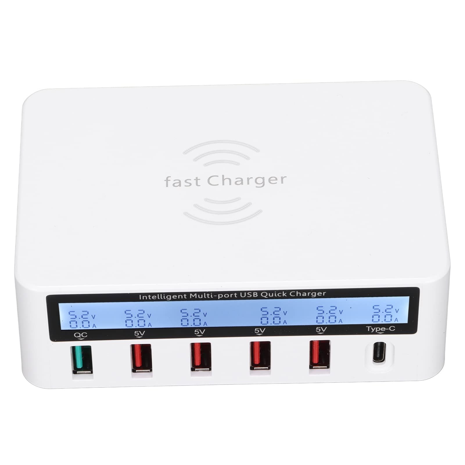 40-W-USB-C-Ladeblock, 6-Port-Schnellladestations-Hub mit 4 USB 1QC3.0 1 Typ-C und Kabelloser Ladeposition, für Tablet-Smartphones (White)