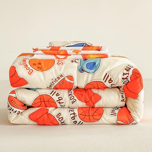 Image of Tailor Shop 4 Pieces Toddler Sports Bedding Toddler Basketball Football Baseball Comforter for Boys Bed in A Bag Includes Quilted Comforter Fitted Sheet Top Sheet and Pillow Case