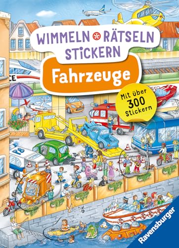 Ravensburger Wimmeln, Rätseln, Stickern: Fahrzeuge - Stickerbuch ab 4 Jahren, 13 Wimmelbilder, über 300 Sticker, Fahrzeuge
