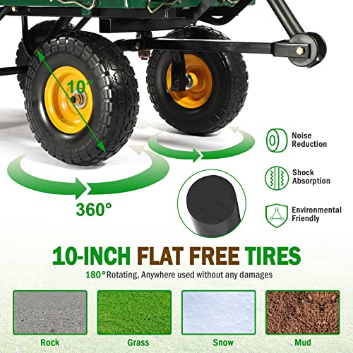 Yardsam Dump Garden Carts With Flat Free Tires, 400Lbs Heavy Duty Dumping Garden Wagons, With Removable Sides, Pullable Handle, 10In All-Terrain Wheels, Utility Liner, For Lawn Yard Farm, Green #TOP4