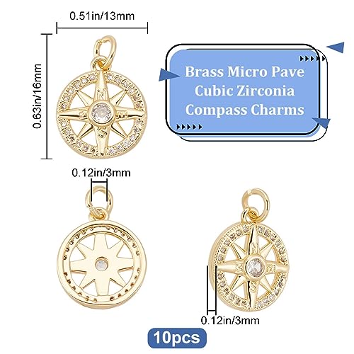 Beebeecraft 1 Box 10Pcs Compass Charms Micro Pave Cubic Zirconia Crystal Stone Golden Flat Round Pendants for DIY Jewelry Making Findings - Image 2