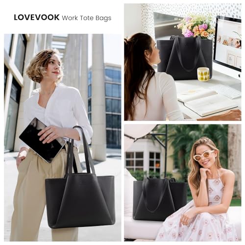 LOVEVOOK Laptop Tote for Women - 15.6 Inch Faux Leather Laptop Bag with Clutch, Large Capacity Office Purse Computer Briefcase for Casual Business Travel, Black2