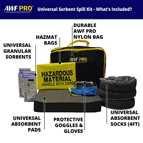 Awf Pro Portable Sorbent Universal Spill Kit, 32 Pieces: Perfect For Truckers, Restaurants, Vehicles, And Homes. Contains Super Sorbents, Heavy Duty Pads, Socks, Hazmat Bags, Goggles & Gloves #TOP1